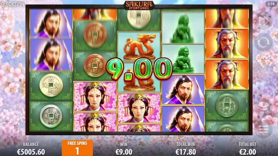 Sakura Fortune: Free spins win of EUR 9.00 with one spin left and EUR 17.80 in total