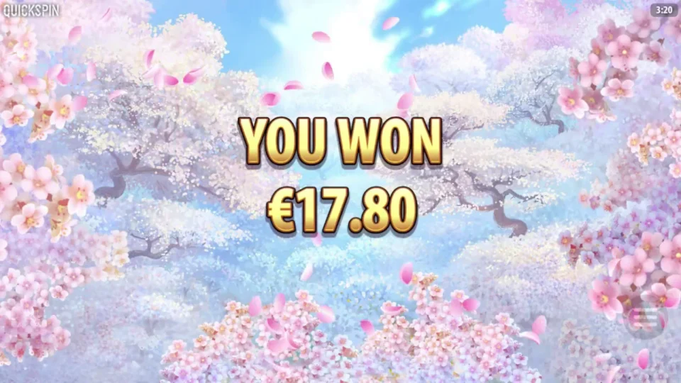 Sakura Fortune: Free spins result screen: EUR 17.80 won