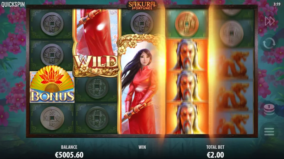 Sakura Fortune: Bonus scatter on reel one beside two Princess Wild reels starts free spins