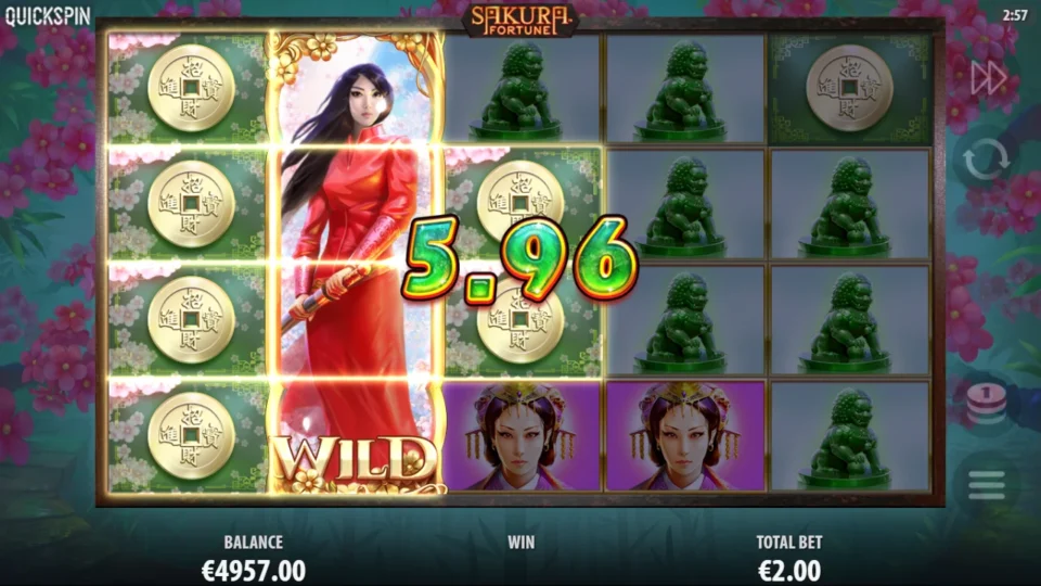 Sakura Fortune: Princess Wild stack on reel two joining gold coin symbols in a win