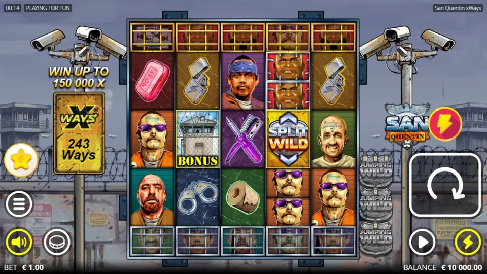 San Quentin xWays®: Demo base game at a EUR 1.00 bet on 243 ways, a Bonus and a Split Wild on the reels