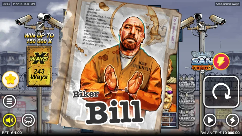 San Quentin xWays®: Inmate dossier card that slides over the reels after the intro