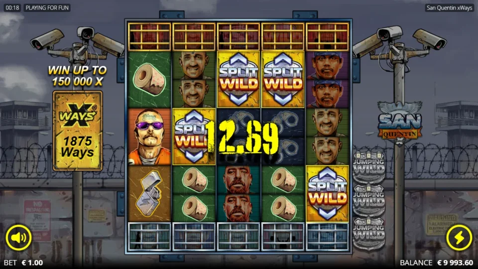San Quentin xWays®: Four Split Wilds on the board during a 1,875-way win