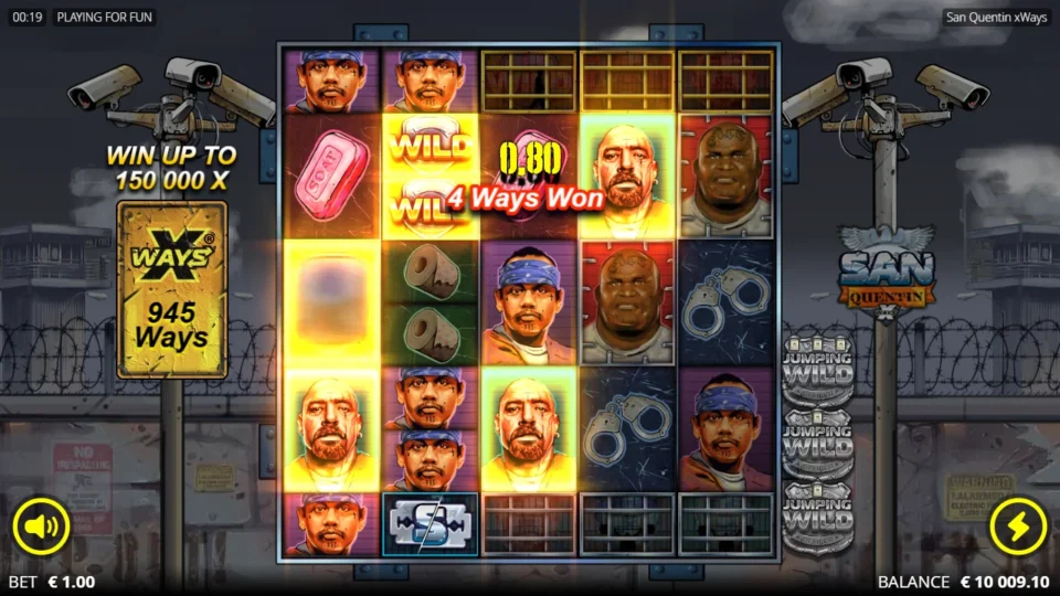 San Quentin xWays®: Opened cells on reels one and two, one holding a Razor Split, as a four-way win starts on 945 ways