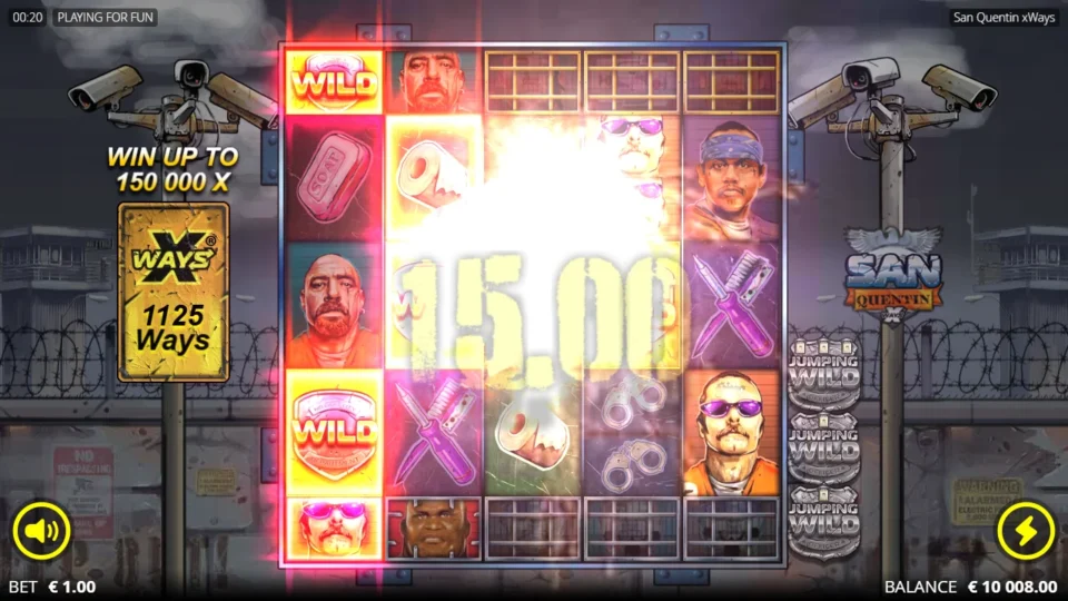 San Quentin xWays®: A win counting up on 1,125 ways with a Wild in the top cell of reel one