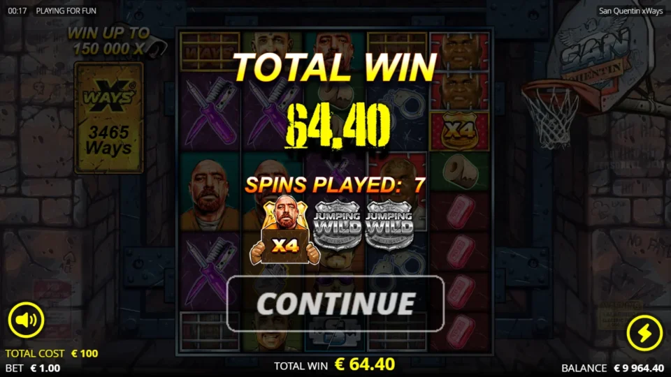 San Quentin xWays®: Bonus result: EUR 64.40 from 7 spins with an x4 symbol and two Jumping Wilds