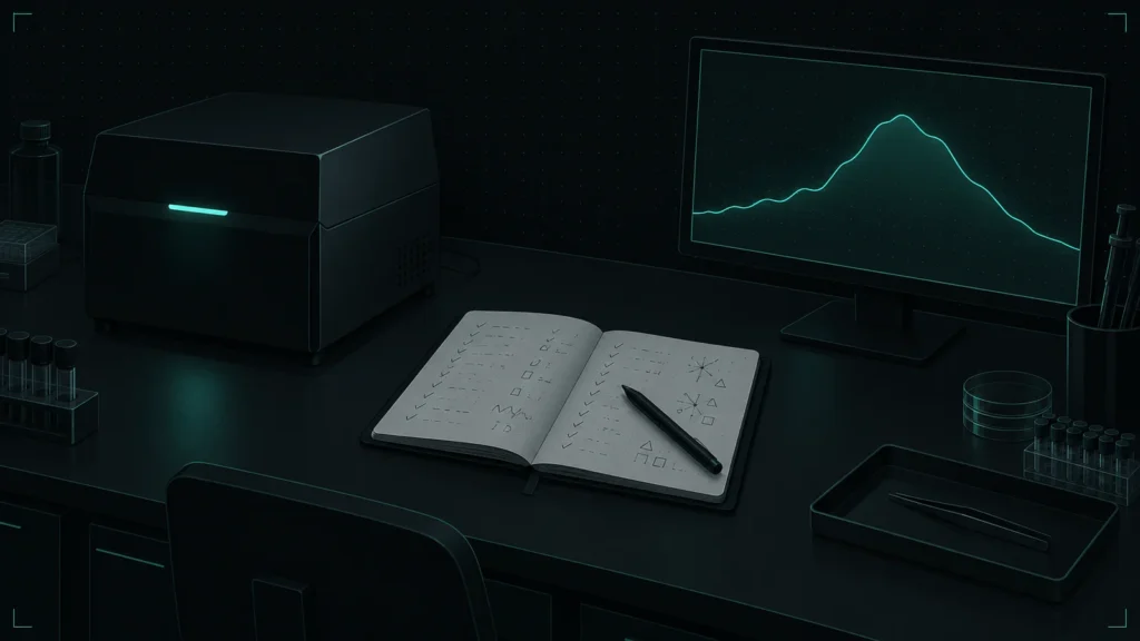 Slotester Lab bench at night with a test device, an open checklist notebook and a monitor showing a balance curve