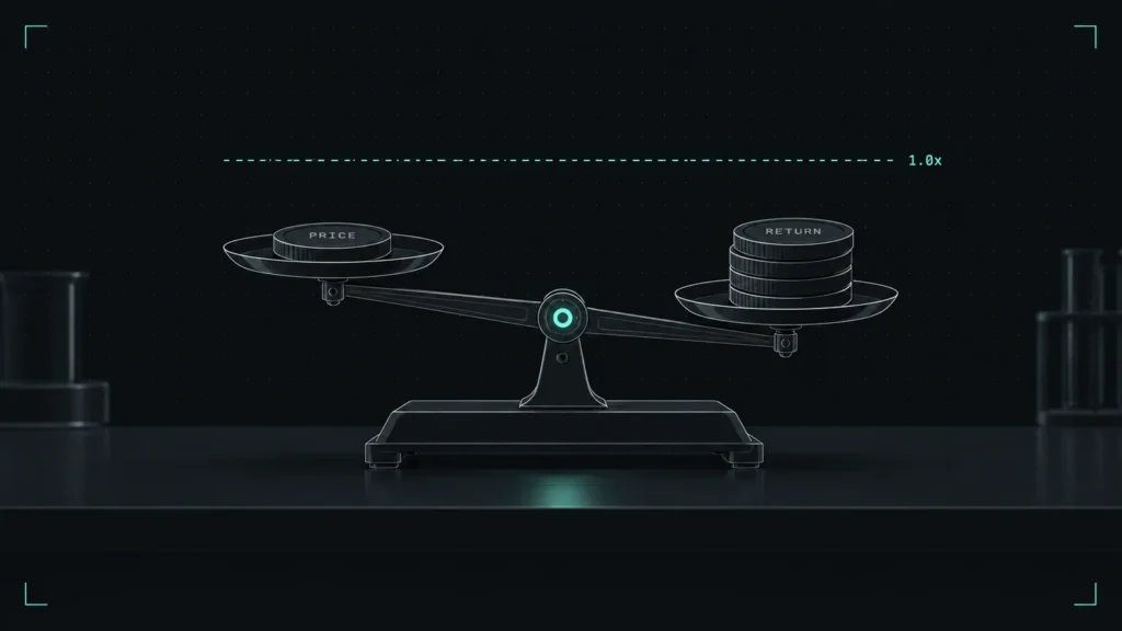 Slotester Lab balance scale weighing a bonus price token against a stack of return tokens under a 1.0x line