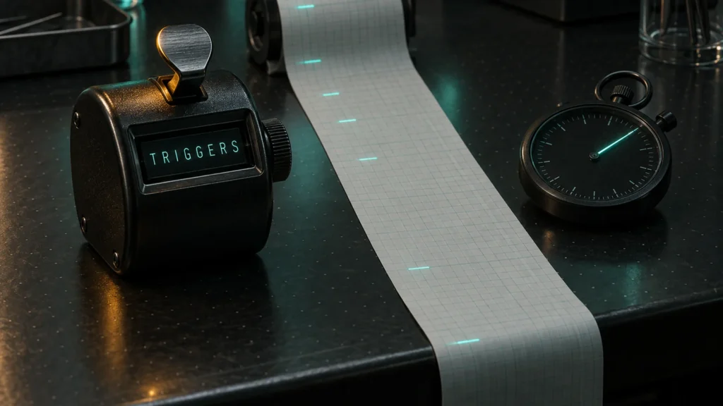 Slotester Lab tally counter beside a paper log strip with sparse teal marks at each natural free-spins trigger