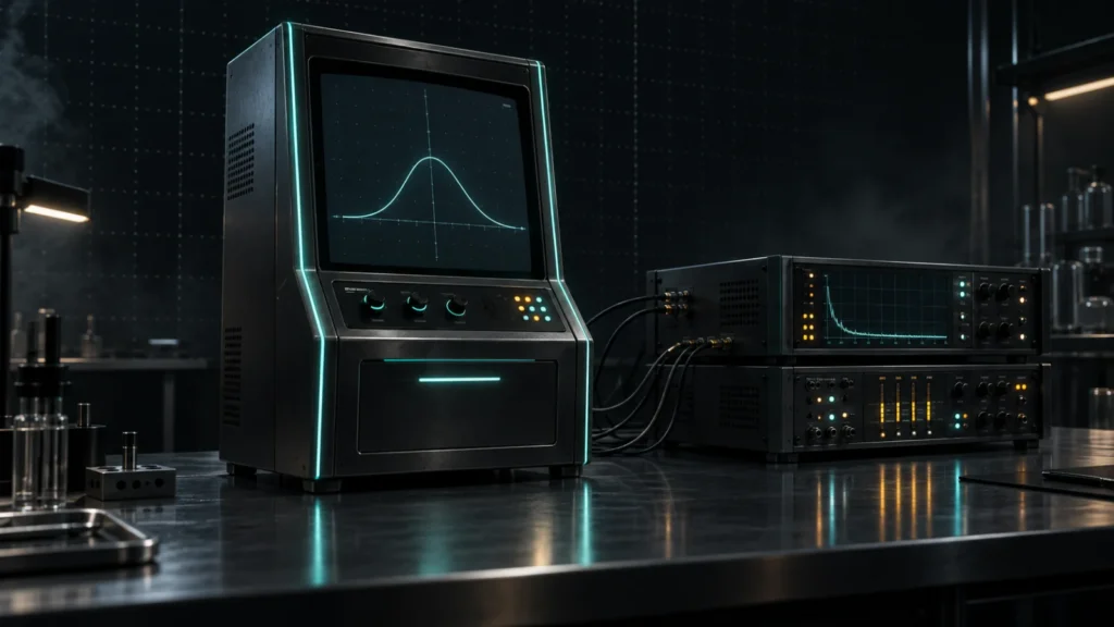 Slot cabinet wired to laboratory instruments on a test bench