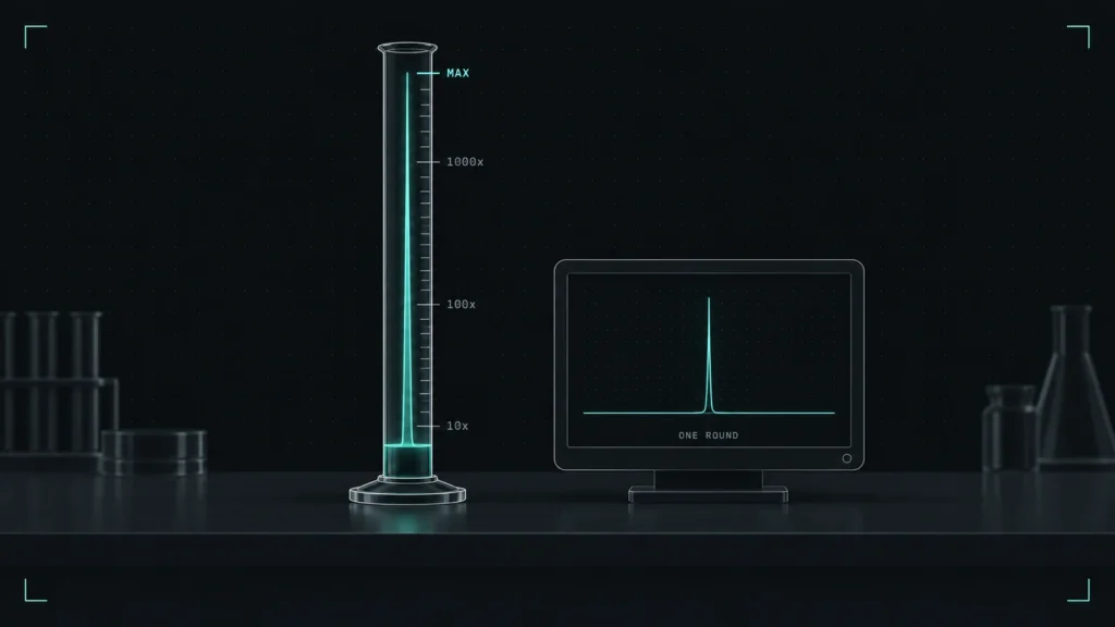 Slotester Lab graduated column with a single teal spike reaching the MAX mark beside a monitor showing one sharp peak