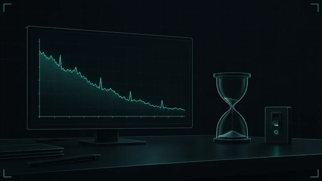 Slotester Lab desk with a downward balance curve on screen, an hourglass and a switch turned off
