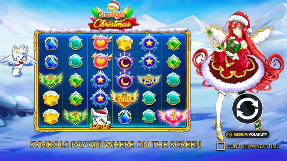 Starlight Christmas: Second intro slide: symbols pay anywhere on the screen, four multiplier hearts scattered across the reels