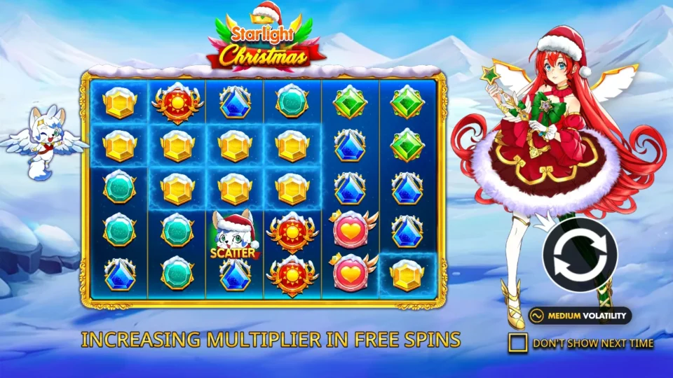 Starlight Christmas: Third intro slide: increasing multiplier in free spins, a Scatter kitten on the third reel