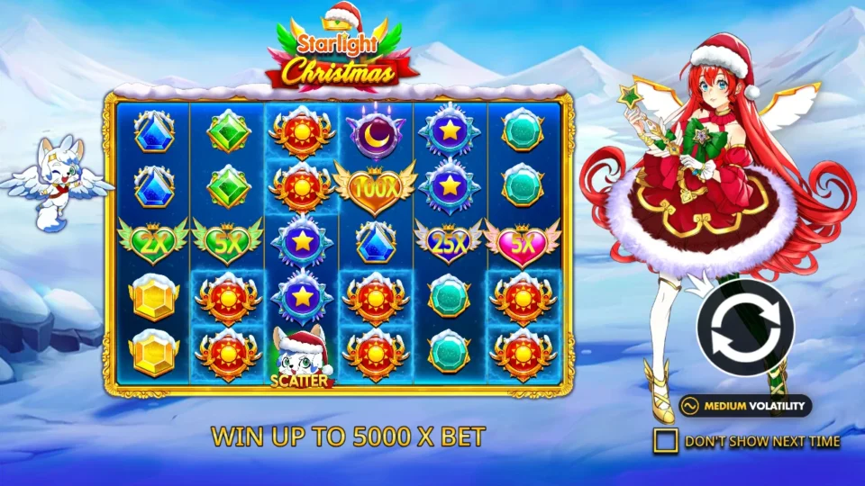 Starlight Christmas: Intro slide: 6x5 reels with multiplier hearts of 2x, 5x, 25x and 100x, win up to 5,000x bet and the medium volatility badge
