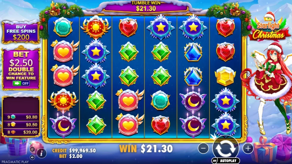 Starlight Christmas: Eight sun badges pay USD 20.00 in ordinary play, two small gem sets alongside for a USD 21.30 tumble