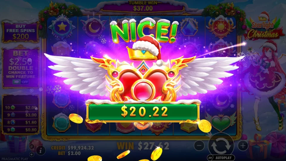 Starlight Christmas: A multiplier heart lands at the end of a tumbling sequence in ordinary play, the counter still climbing towards the USD 37.00 tumble win