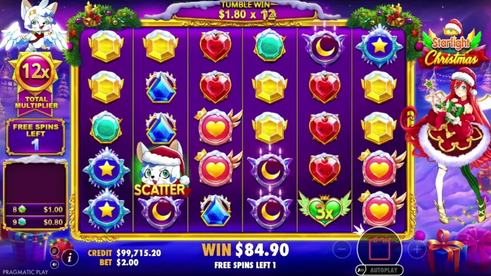 Starlight Christmas: One free spin left: a USD 1.80 tumble multiplied by the 12x meter, a Scatter kitten on reel two and USD 84.90 on the counter