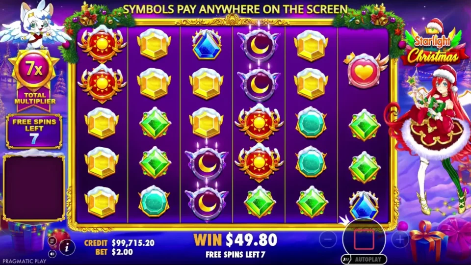 Starlight Christmas: Free spins under way with the total multiplier at 7x, seven spins left and USD 49.80 collected