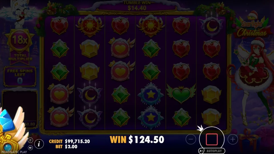 Starlight Christmas: Result of the purchased free spins: USD 124.50 in 15 free spins with the total multiplier at 18x