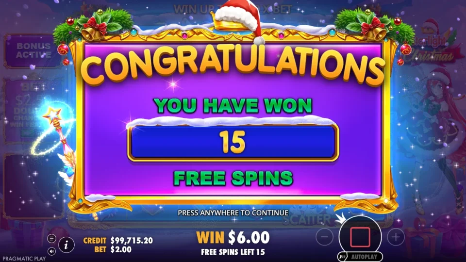 Starlight Christmas: Purchased feature opens with 15 free spins, credit USD 99,715.20 after the USD 200 ticket