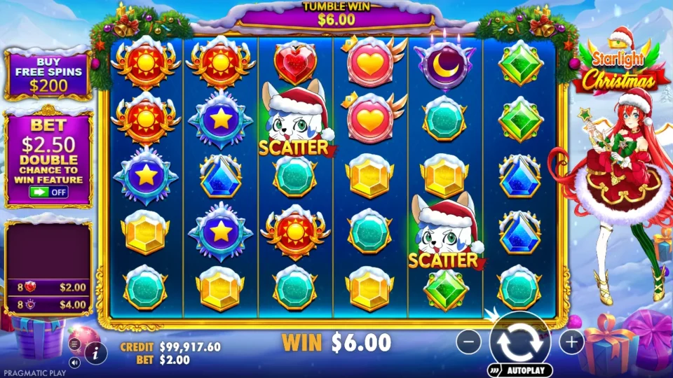 Starlight Christmas: Two Scatter kittens in view and USD 6.00 from eight moons and eight red heart gems, two short of the feature