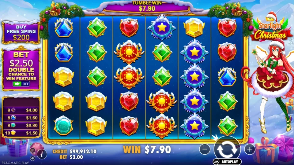 Starlight Christmas: Four sets of eight to ten symbols pay USD 7.90 in one tumble, the moons the largest at USD 4.00