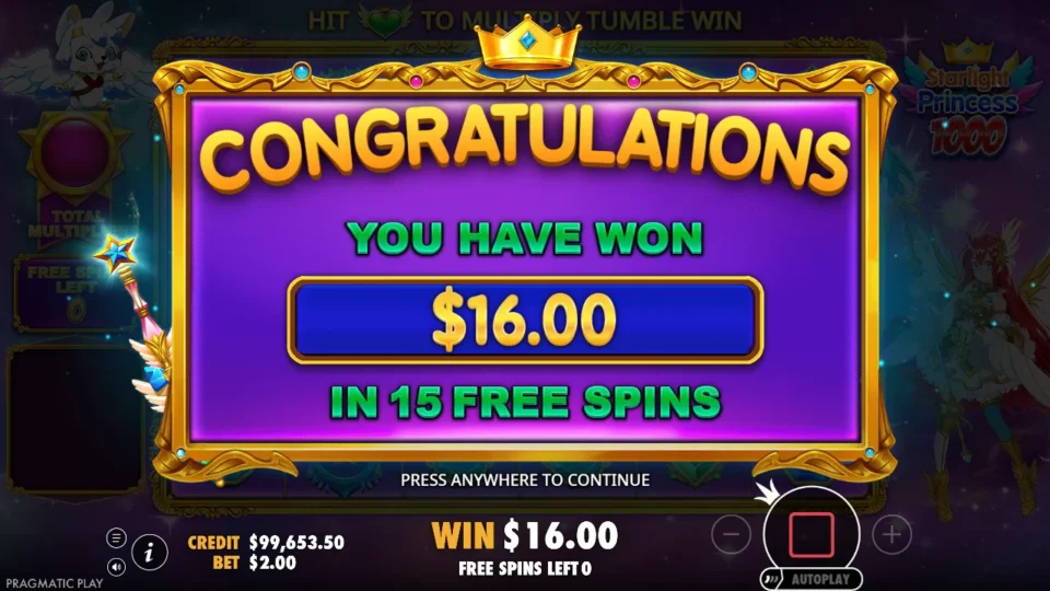 Starlight Princess 1000: free spins result: 16.0 (bonus buy)
