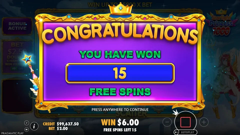 Starlight Princess 1000: free spins triggered (bonus buy) on round 1001