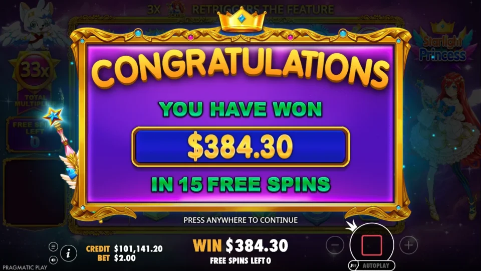 Starlight Princess: free spins result: 384.3 (bonus buy)