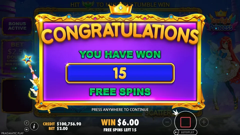 Starlight Princess: free spins triggered (bonus buy) on round 1001
