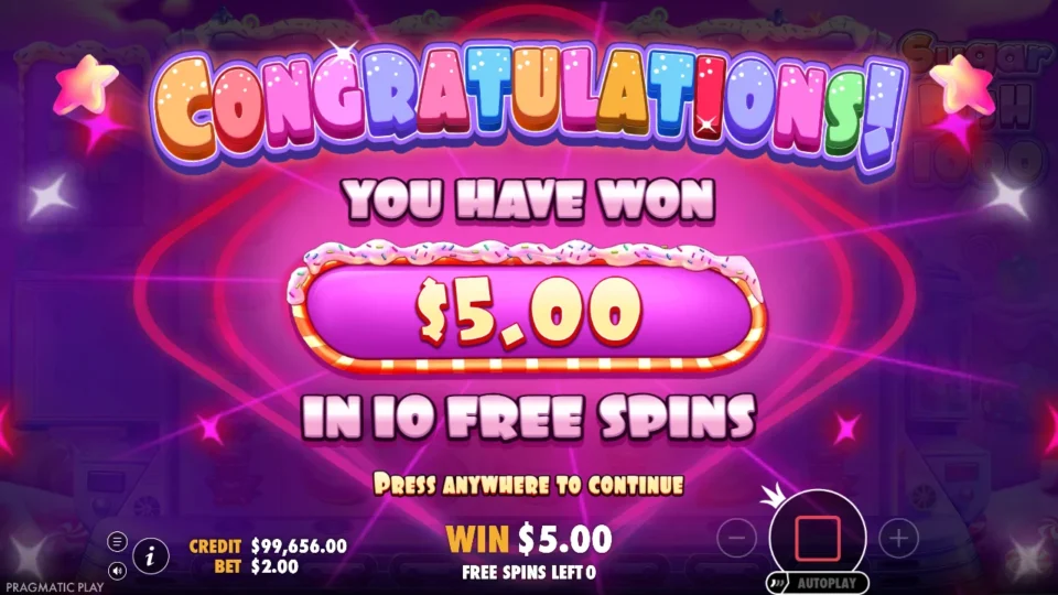 Sugar Rush 1000: free spins result: 5.0 (bonus buy)