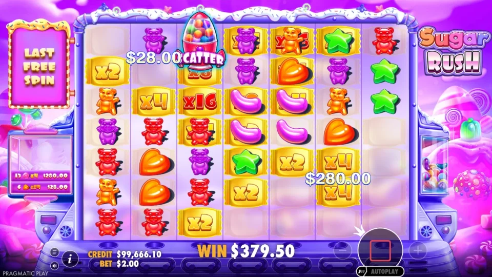 Sugar Rush: free spins result: 379.5 (bonus buy)