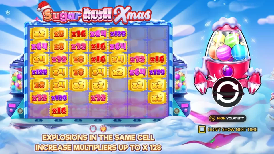 Sugar Rush Xmas: Second intro slide: multiplier spots from x2 to x128 across the grid, each one doubled by another explosion on the same cell
