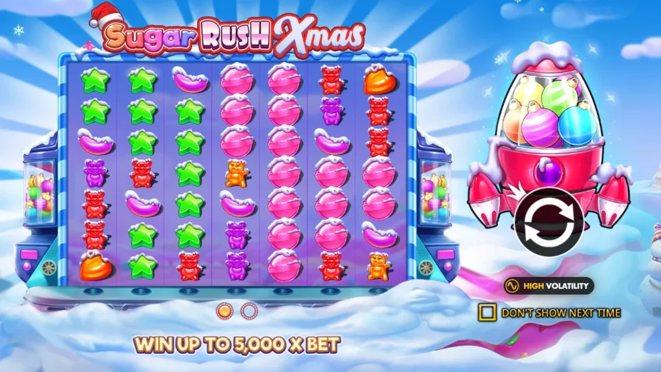 Sugar Rush Xmas: Intro slide: seven snow-topped candies on the 7x7 grid, win up to 5,000x bet and the high volatility badge