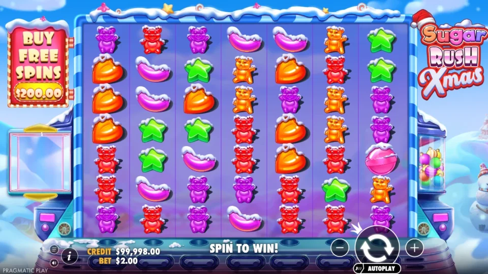 Sugar Rush Xmas: Idle grid at USD 2 after the intro, credit USD 99,998.00 and the Buy Free Spins plaque priced at USD 200 on the left