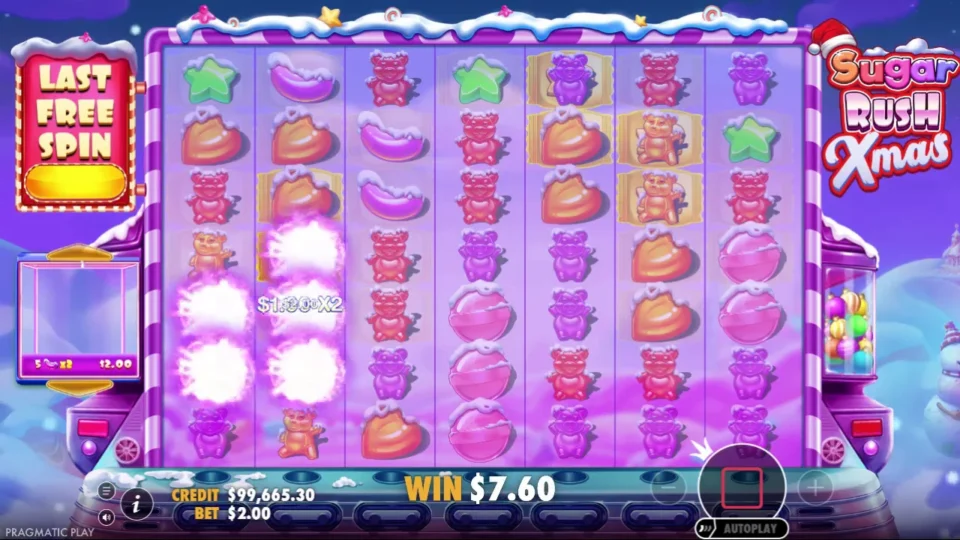 Sugar Rush Xmas: Last free spin: five symbols burst on a x2 spot for USD 2.00 and the counter stops at USD 7.60