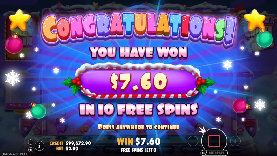 Sugar Rush Xmas: Result of the purchased free spins: USD 7.60 in 10 free spins on the USD 200 ticket, credit USD 99,672.90