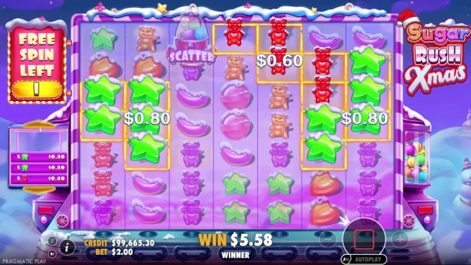 Sugar Rush Xmas: One free spin left: three blocks of five paying USD 0.80, 0.80 and 0.60 on unmarked cells, USD 5.58 collected so far