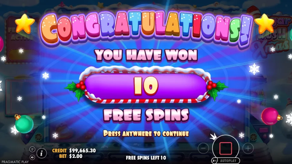 Sugar Rush Xmas: Purchased feature opens with 10 free spins, credit USD 99,665.30 after the USD 200 ticket