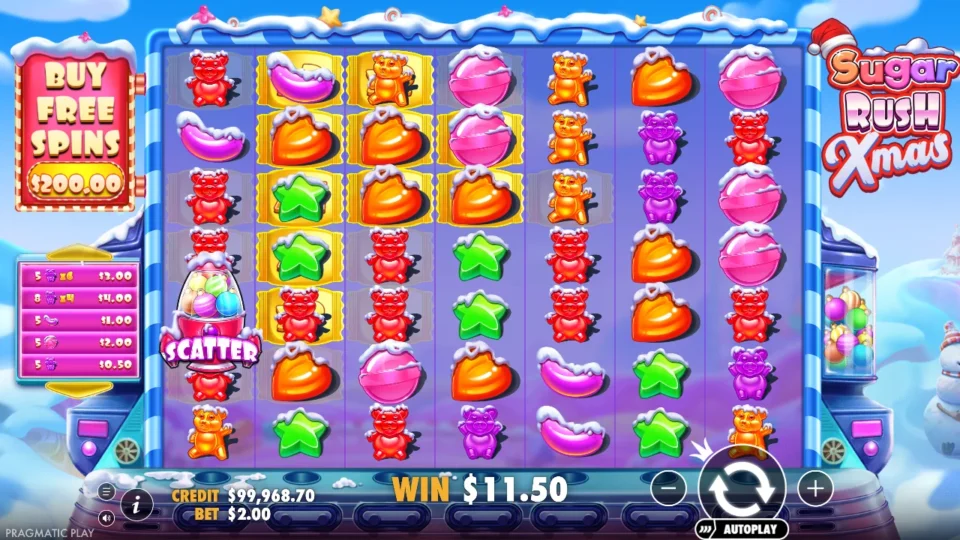 Sugar Rush Xmas: USD 11.50 from one tumble in ordinary play, two blocks sitting on x6 and x4 spots and a Scatter parked on the first reel