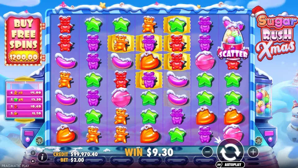 Sugar Rush Xmas: Four blocks in a single tumble worth USD 9.30, the largest on a x8 spot, with a Scatter on the seventh reel