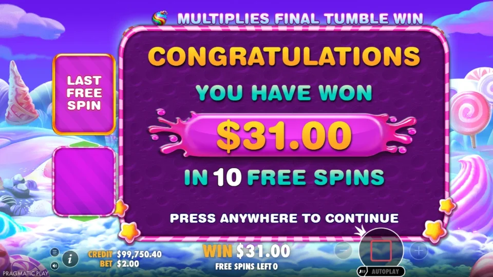 Sweet Bonanza 1000: free spins result: 31.0 (bonus buy)