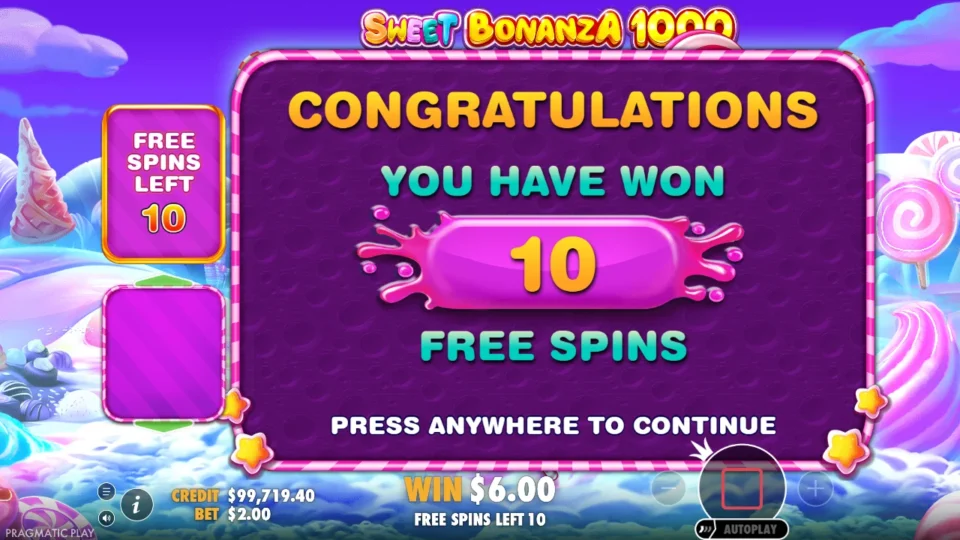 Sweet Bonanza 1000: free spins triggered (bonus buy) on round 1001