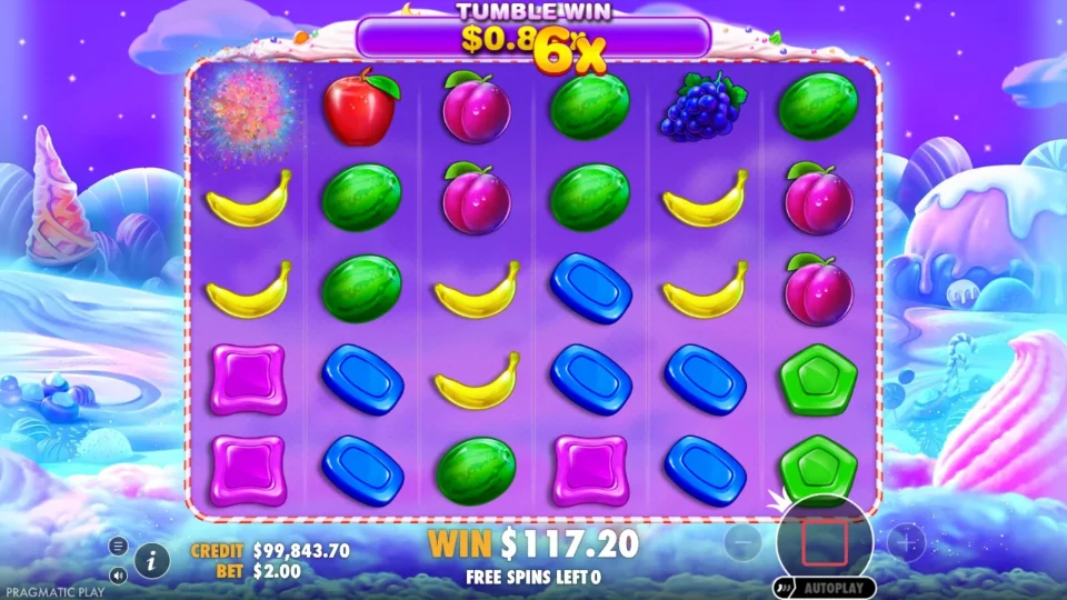 Sweet Bonanza: free spins result: 117.2 (bonus buy)