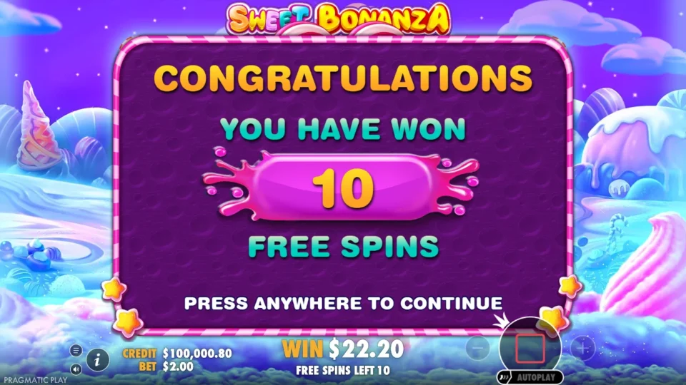 Sweet Bonanza: free spins triggered (natural trigger) on round 66