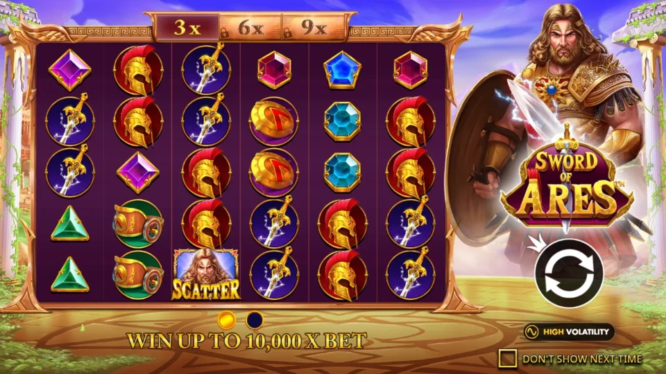 Sword of Ares: Second intro slide: win up to 10,000x bet, the high volatility badge and a Scatter in the bottom row