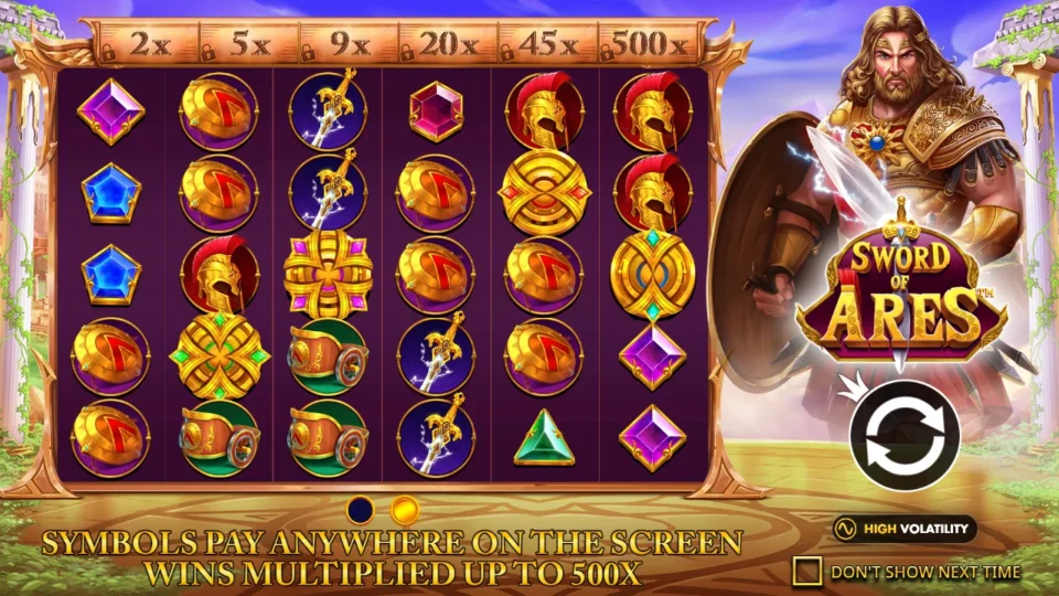 Sword of Ares: Intro slide: symbols pay anywhere on the screen, wins multiplied up to 500x, six locked meter values from 2x to 500x above the reels