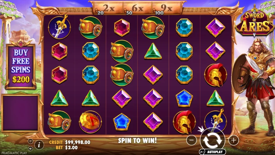 Sword of Ares: Idle reels at USD 2 with the three-step meter locked, 2x at 20 symbols, 6x at 50 and 9x at 100, and the USD 200 buy plaque on the left