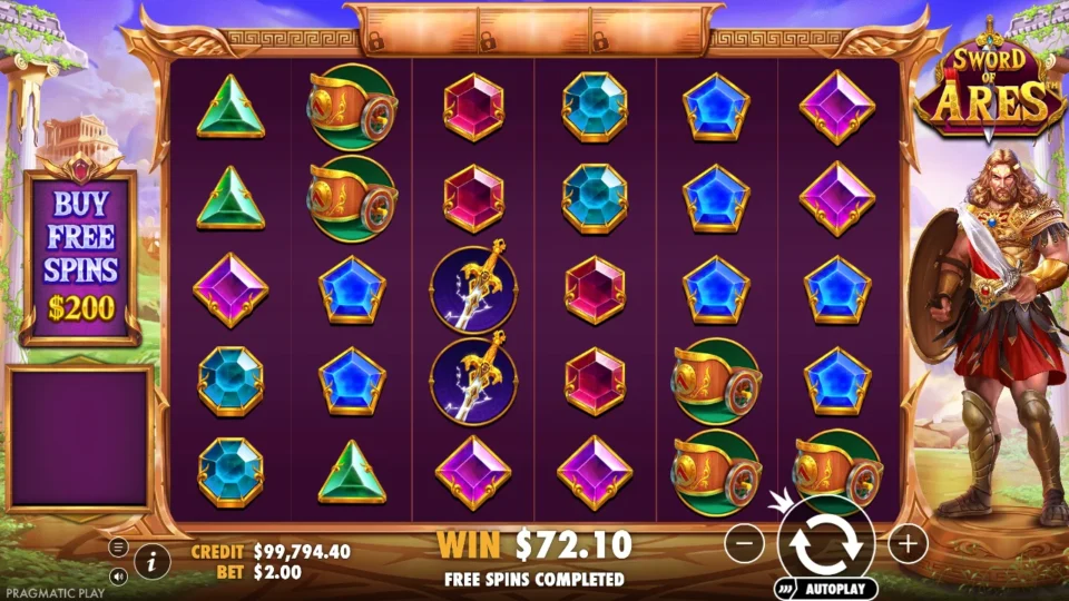 Sword of Ares: The reels after the bought feature with USD 72.10 on the win line, the meter locked again and free spins completed